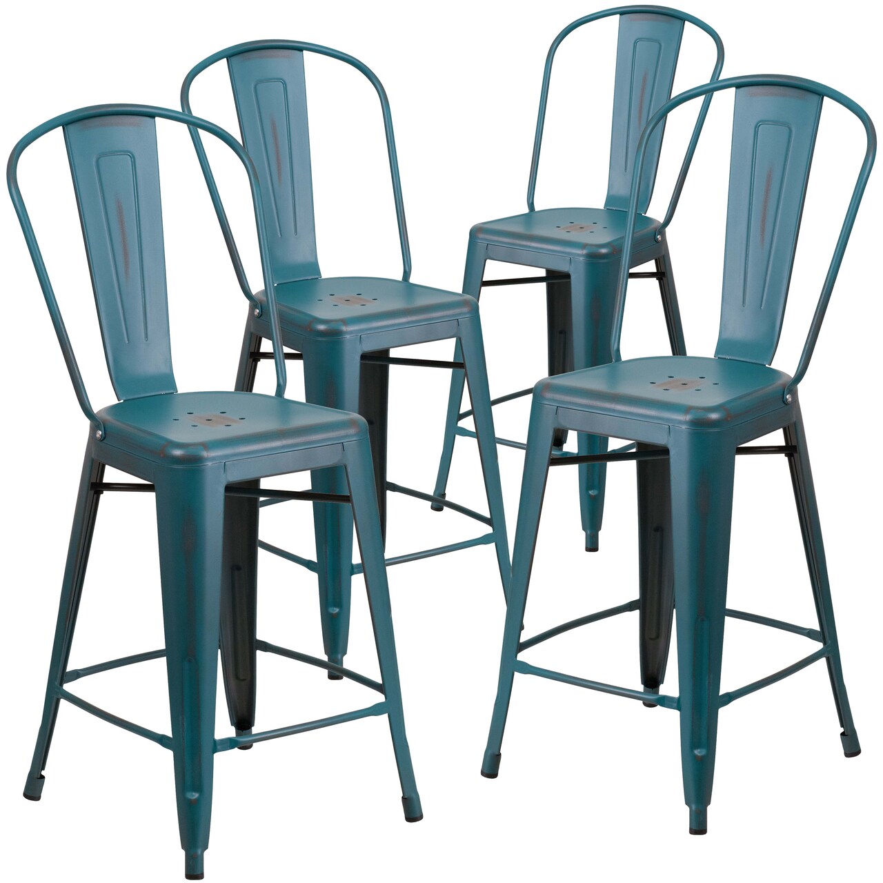 Emma and Oliver Commercial Grade 4 Pack 24" High Distressed Metal Indoor-Outdoor Counter Height Stool with Back